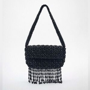 Zara Black Beaded Fringe Shoulder Bag
